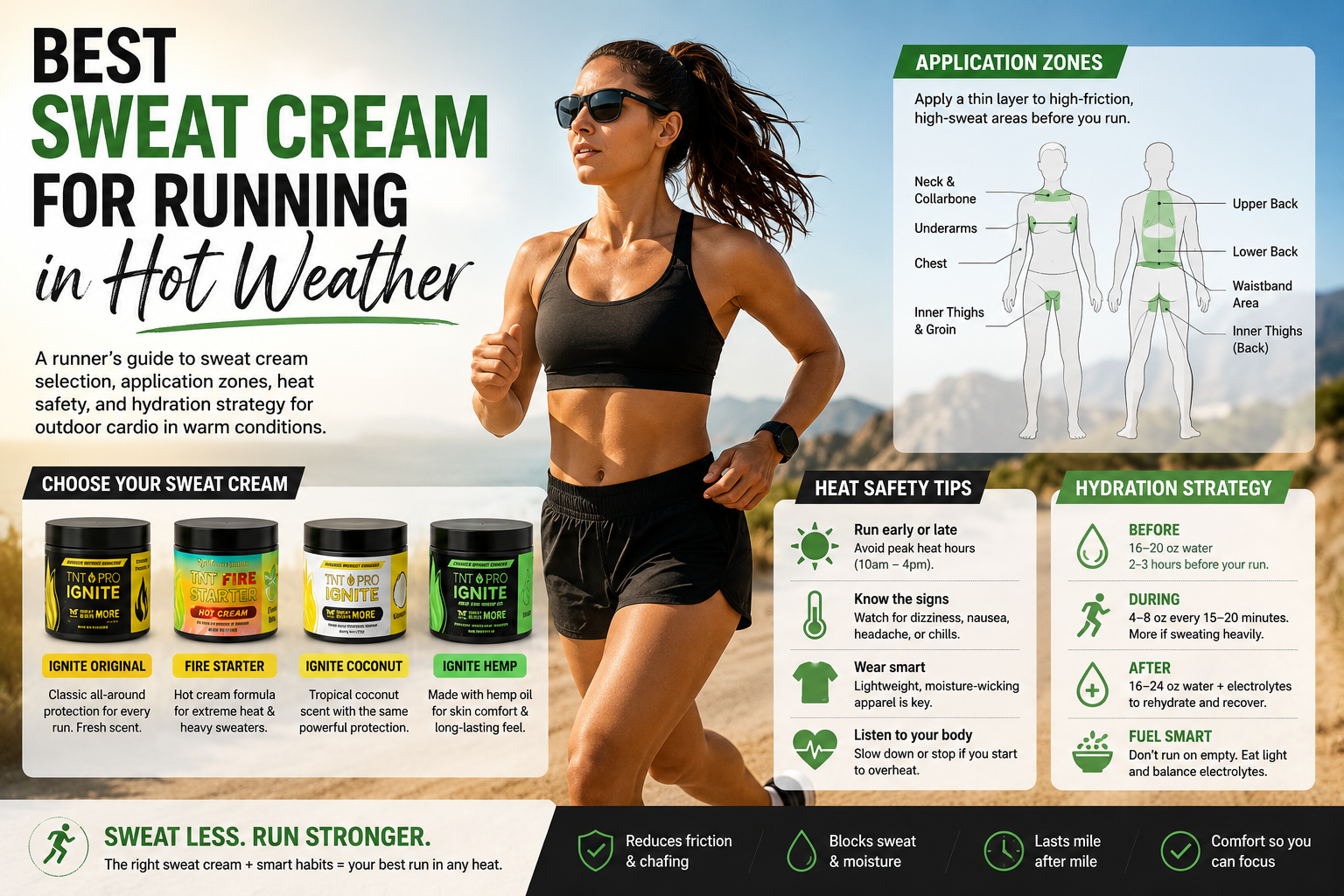 Runner with TNT Pro Series sweat cream — hot-weather training context