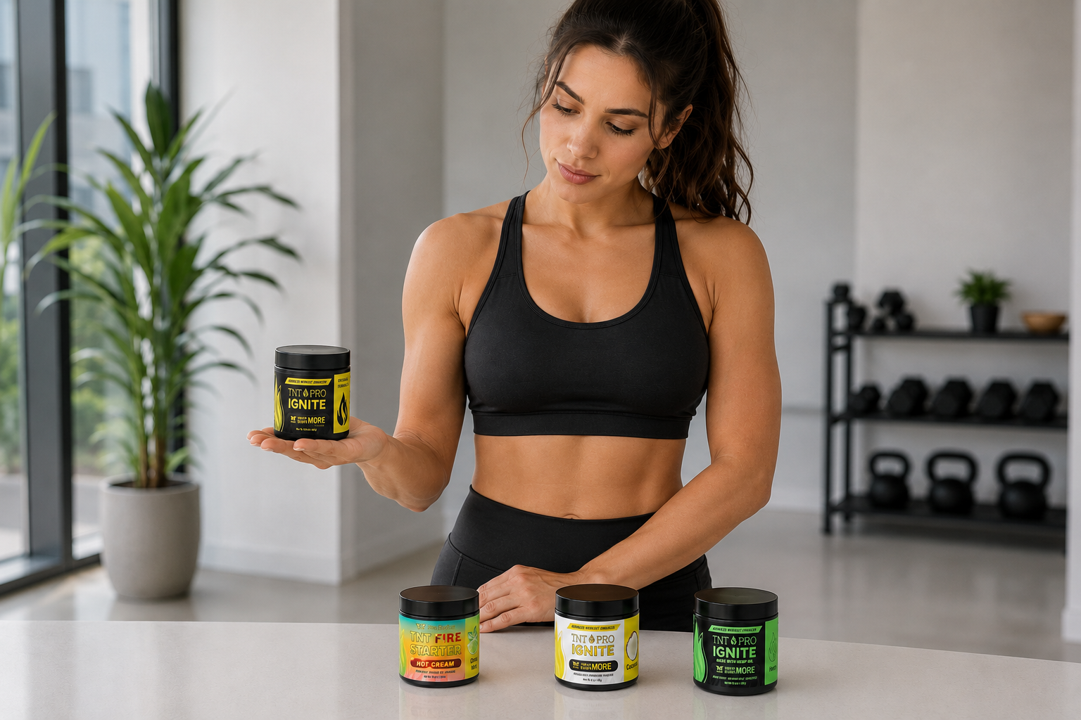 Woman in athletic wear holding TNT Pro Series Ignite cream with Fire Starter and Ignite line in foreground